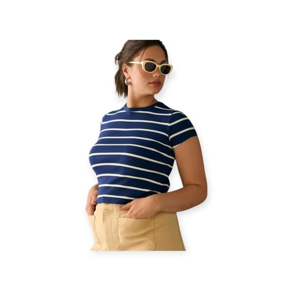 Anthropologie Maeve navy white Blair Baby Tee Size S - Picture 10 of 10